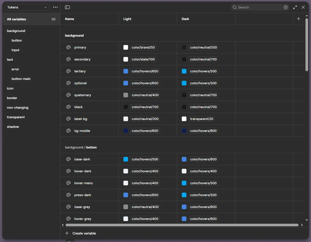Panel ustawień zmiennych tokenów kolorów z kategoriami tła i przycisku dla trybów jasnego i ciemnego.