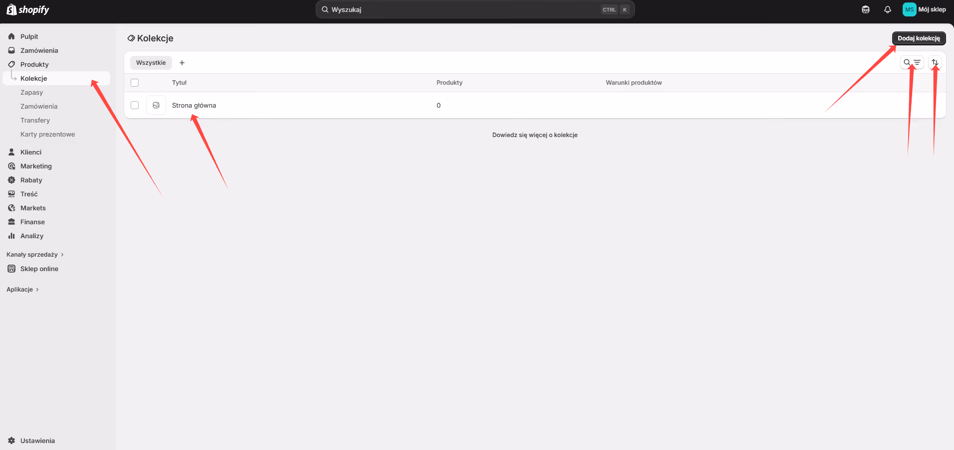 Panel administracyjny Shopify pokazujący sekcję Kolekcje z listą zawierającą kolekcję Strona główna oraz przyciski wyszukiwania, filtrowania i dodawania kolekcji.