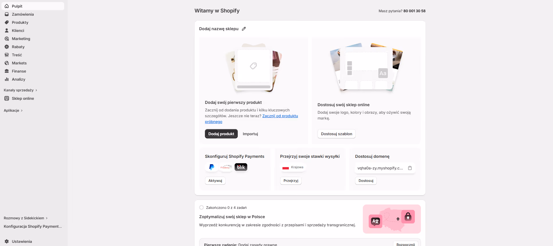 Panel administracyjny Shopify z opcjami dodawania produktu, dostosowywania sklepu online oraz konfiguracji płatności i stawek wysyłki.