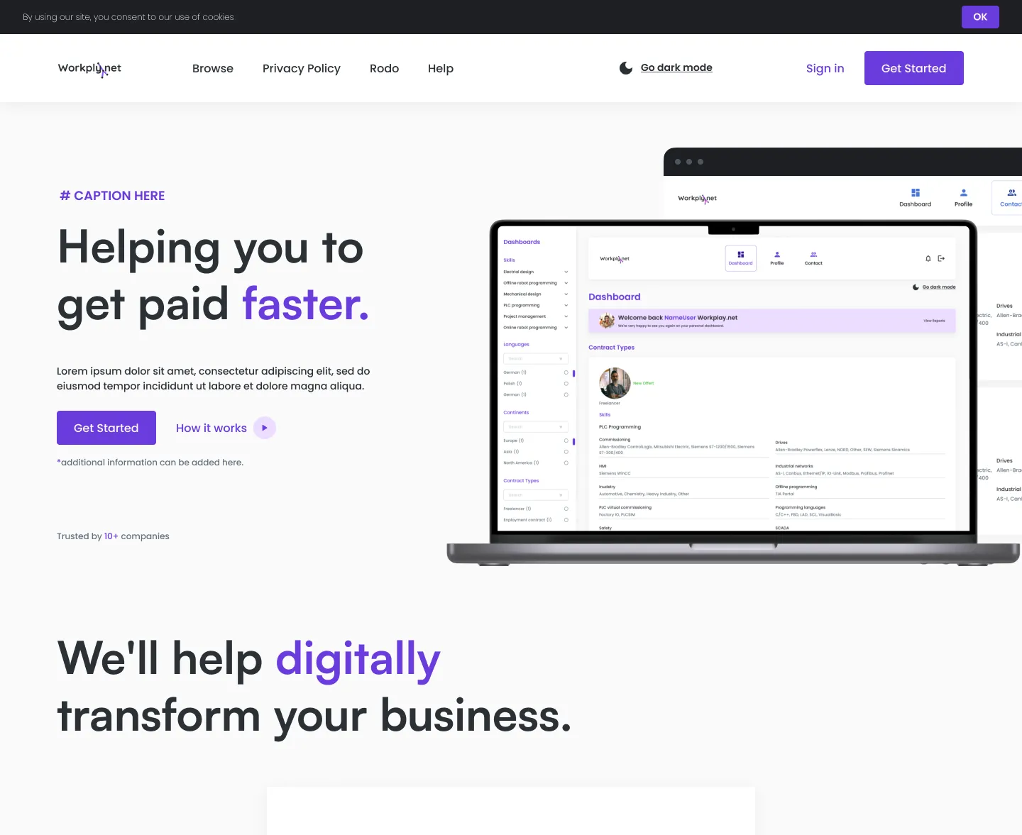 Strona internetowa Workplay.net z nagłówkami 'Helping you to get paid faster' i 'We'll help digitally transform your business' oraz widokiem pulpitu na laptopie.