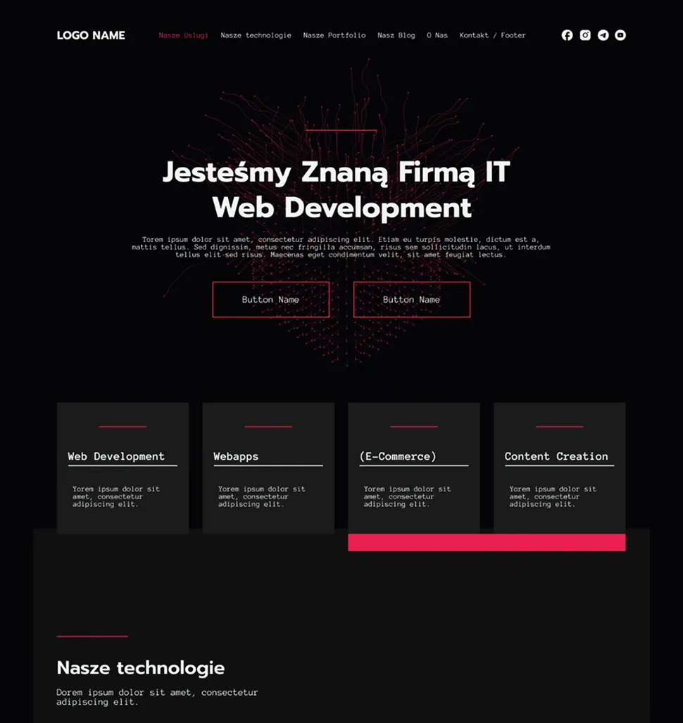 Strona internetowa firmy IT z nagłówkiem „Jesteśmy Znana Firmą IT Web Development”, menu nawigacyjnym oraz sekcjami usług takimi jak Web Development, Webapps, E-Commerce i Content Creation.