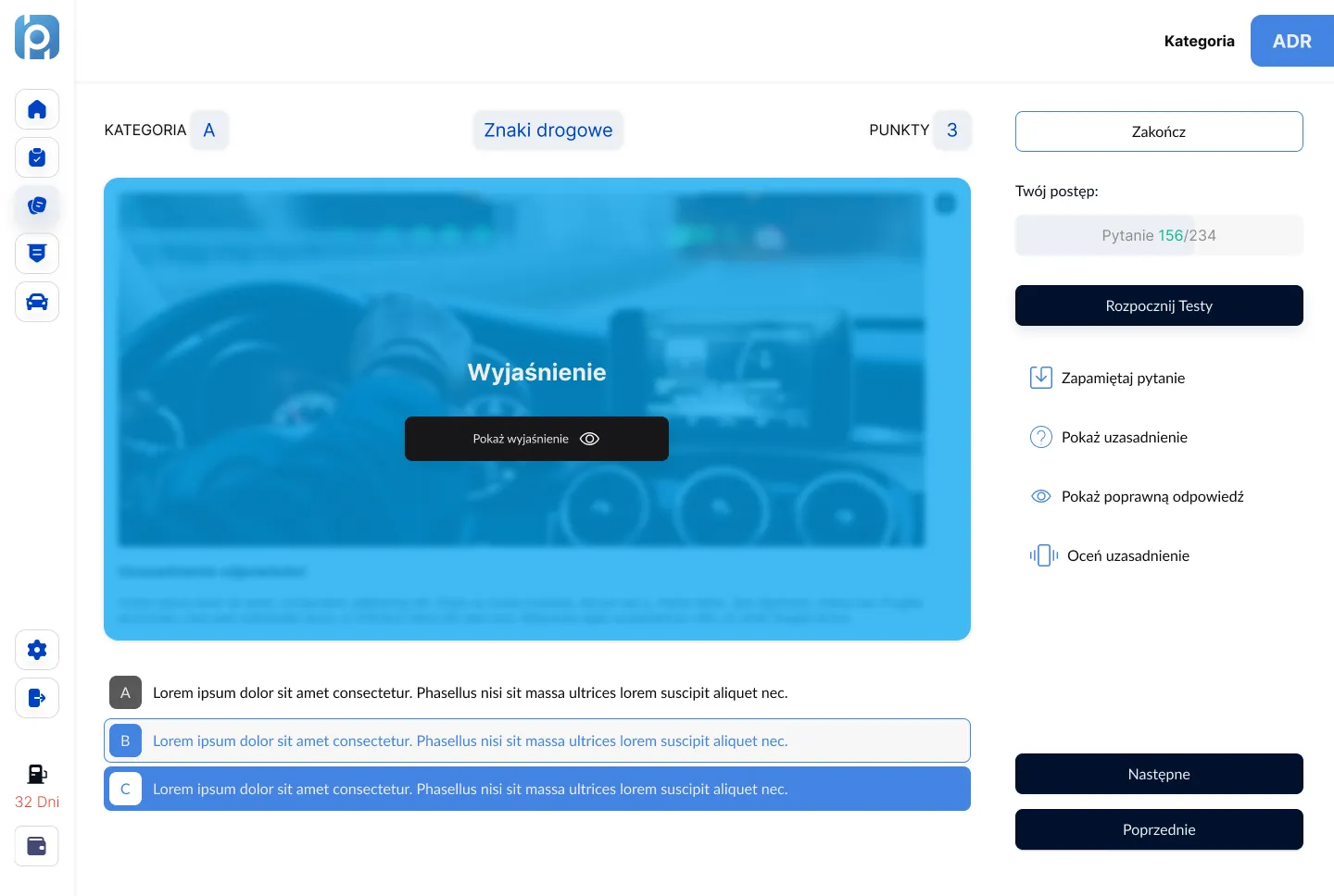 Ekran testu na prawo jazdy kategorii A z pytaniami i trzema odpowiedziami oraz opcją pokazania wyjaśnienia.