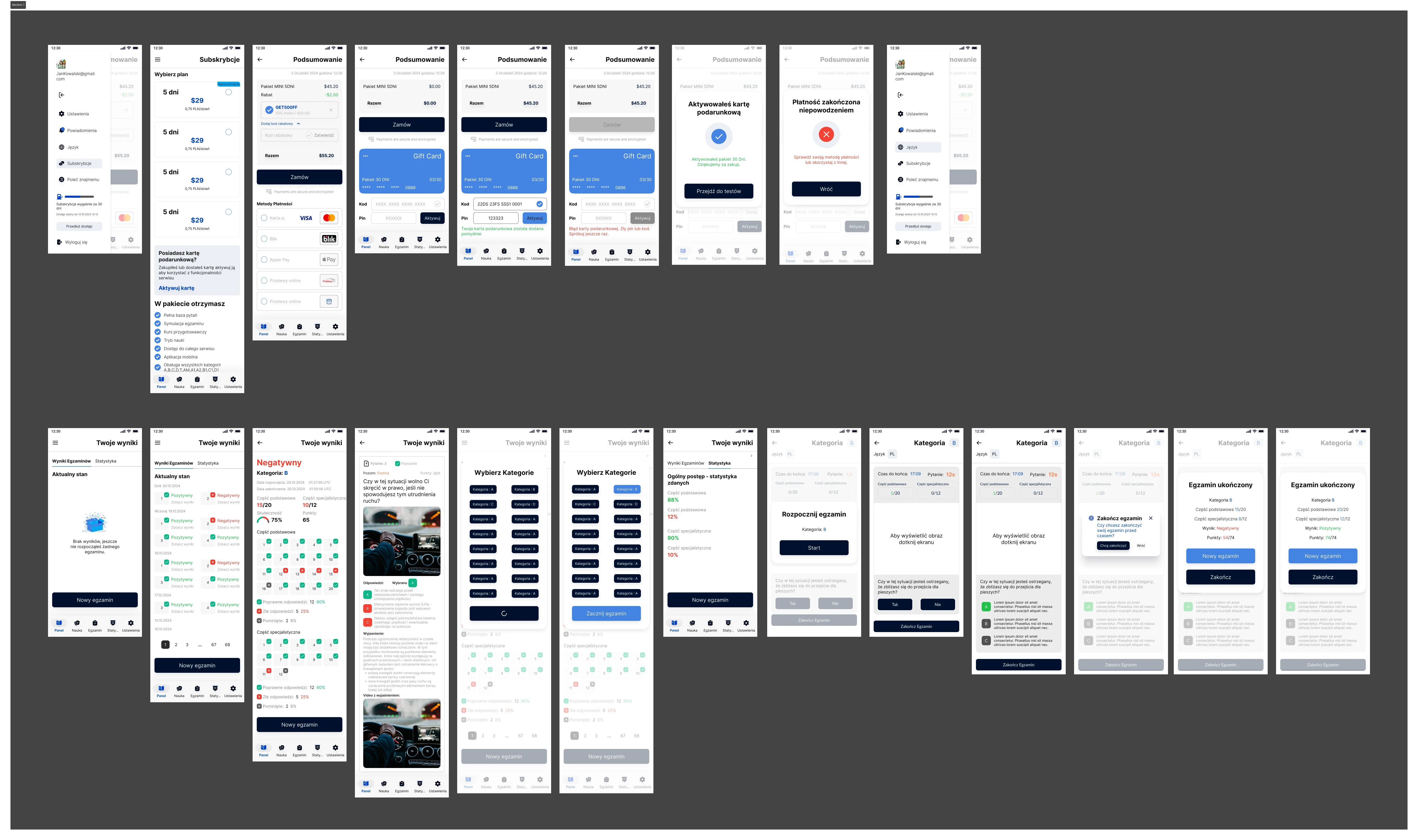 Zrzut ekranu aplikacji mobilnej przedstawiający różne widoki subskrypcji, podsumowania zamówień, aktywacji karty podarunkowej oraz wyników egzaminów z opcjami wyboru kategorii i statystykami.