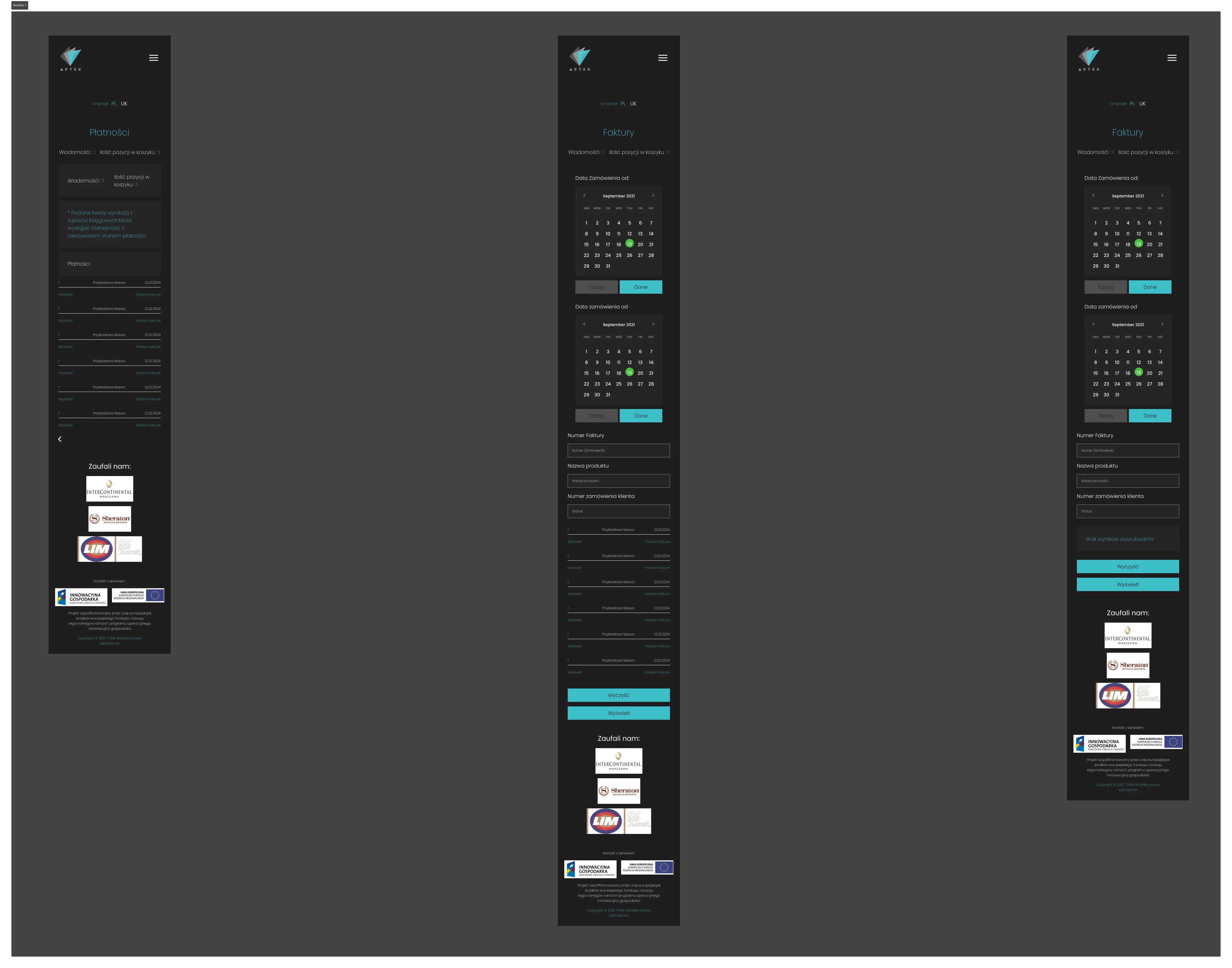 Trzy zrzuty ekranu aplikacji Artek pokazujące sekcje Płatności i Faktury z kalendarzami wyboru dat oraz listą faktur i zaufanymi firmami u dołu.