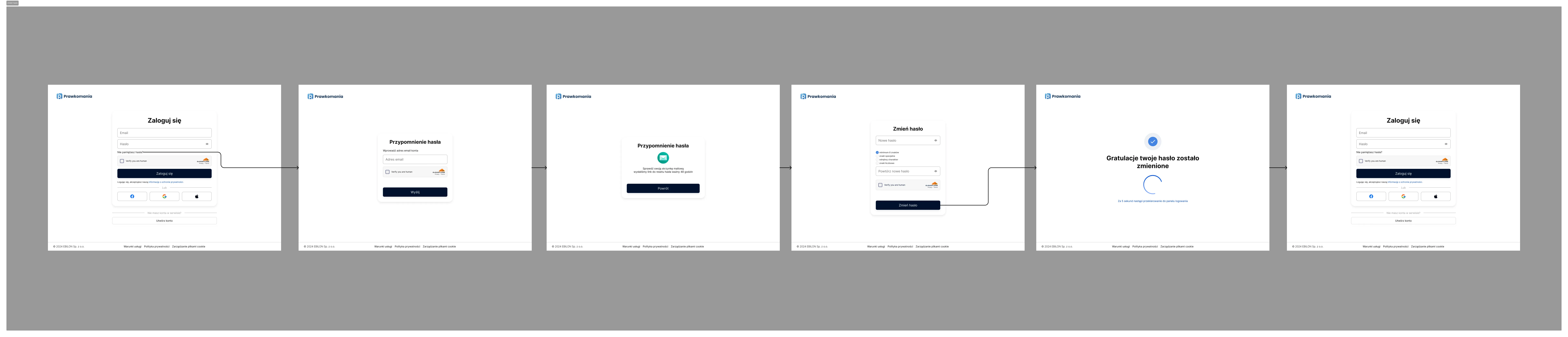 Seria zrzutów ekranu pokazująca proces zmiany hasła na stronie logowania Przekomania, od wpisania loginu po potwierdzenie zmiany hasła.