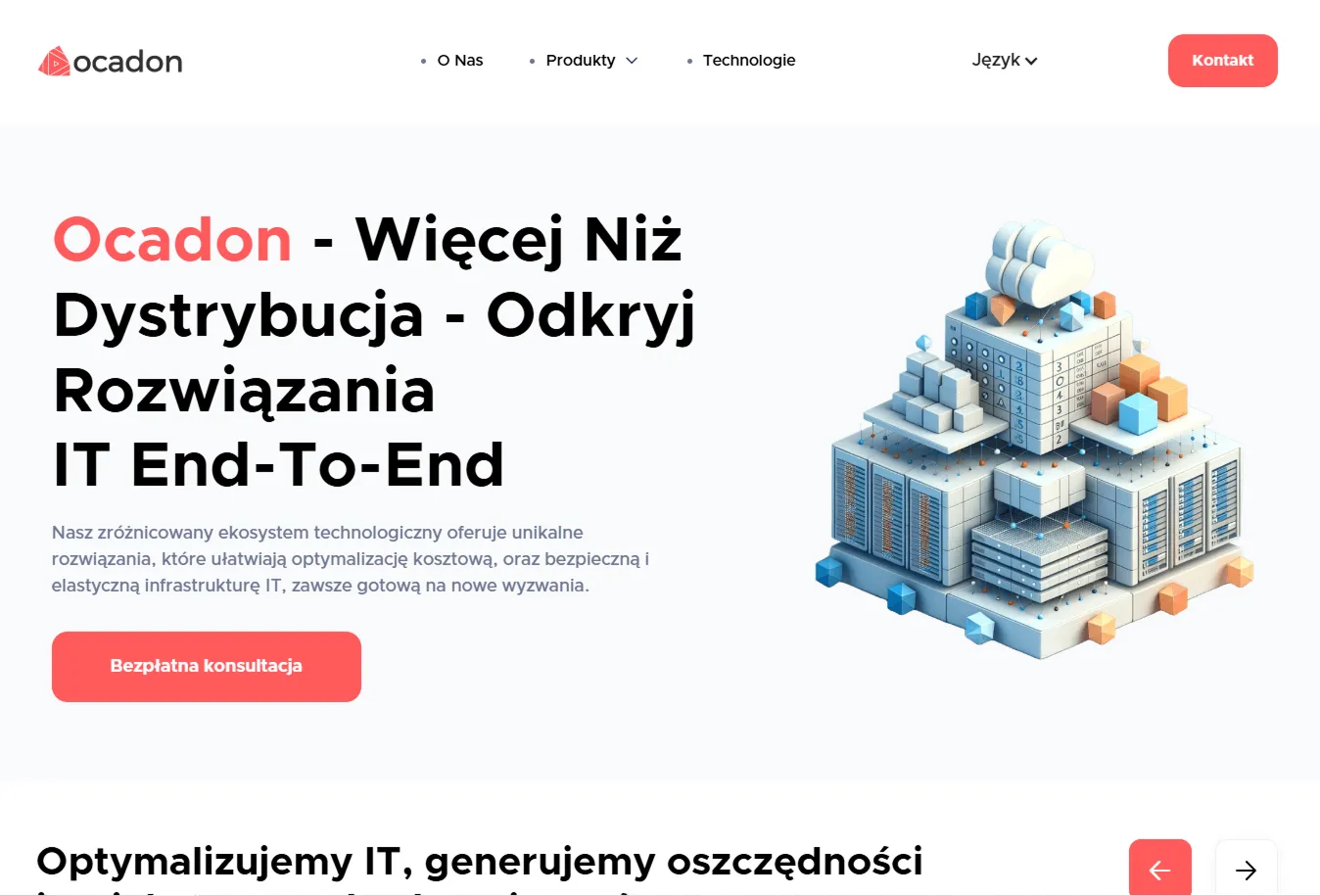 Ilustracja przedstawiająca złożoną trójwymiarową strukturę serwerów i chmury, symbolizująca infrastrukturę IT i rozwiązania technologiczne end-to-end.